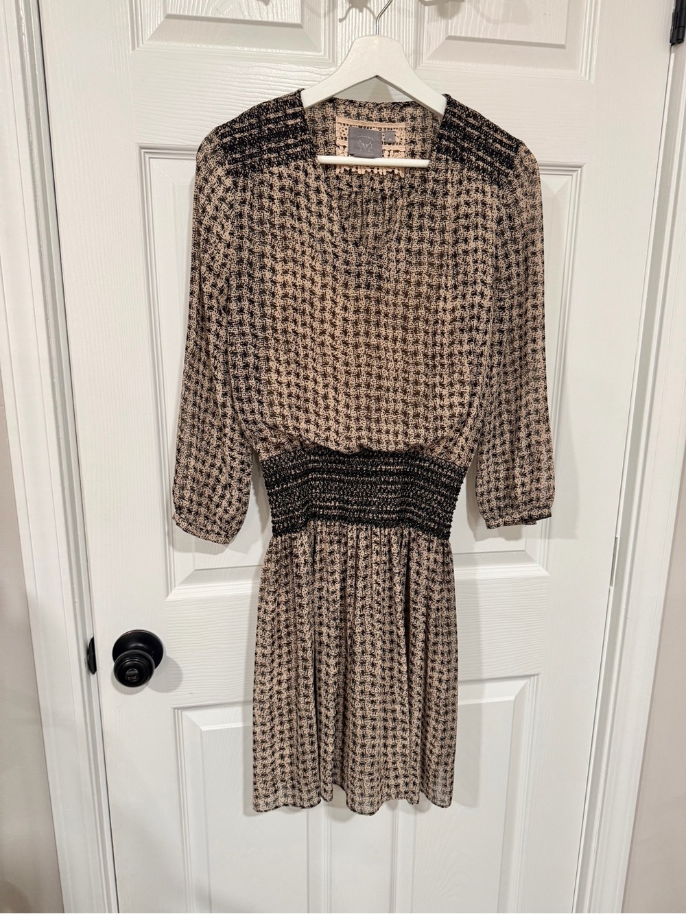 Anthropologie Vanessa Virginia Dress XS Black Tan Smocked Waist Boho